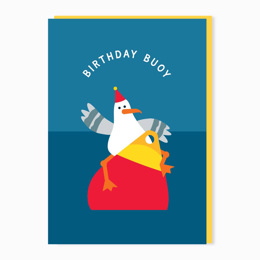 Birthday Buoy greeting card by Stoats & Weasels featuring a seagull wearing a party hat on a buoy
