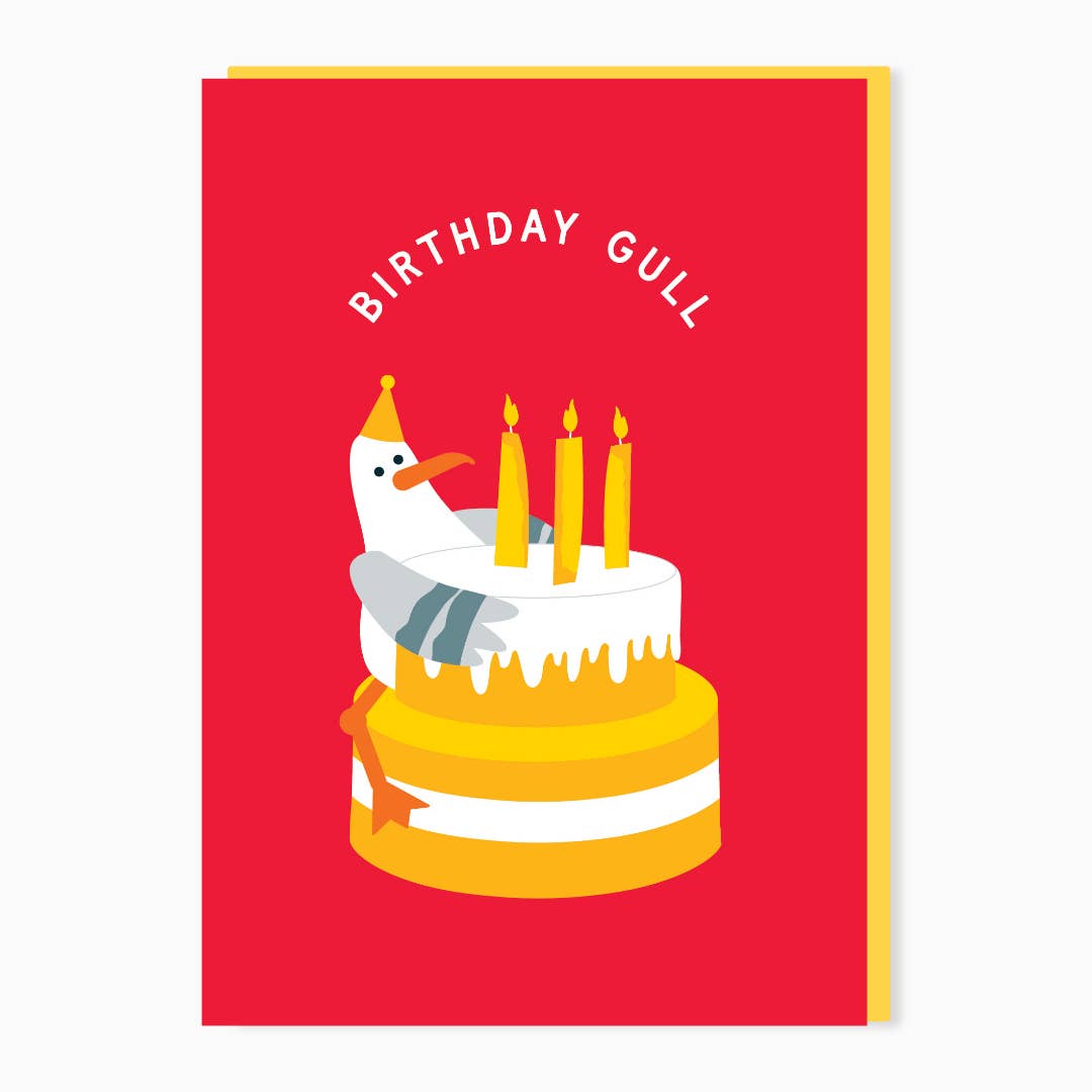 Birthday Gull greeting card by Stoats & Weasels featuring a seagull hugging a birthday cake
