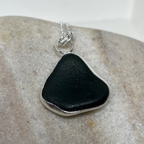 Deep green/black seaglass and sterling silver pendant necklace