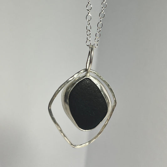 Sterling silver and black sea glass and pendant necklace handmade in Dundee with diamond shape design