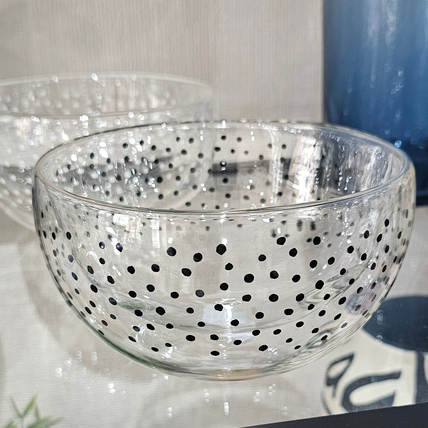 Double wall glass bowl with black spot design thermal insulated 500ml capacity