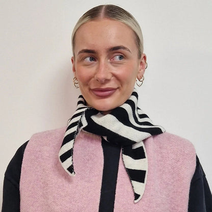 Jo-AMI striped lambswool neckerchief knitted in Dundee, available in Black and White or Red and Pink