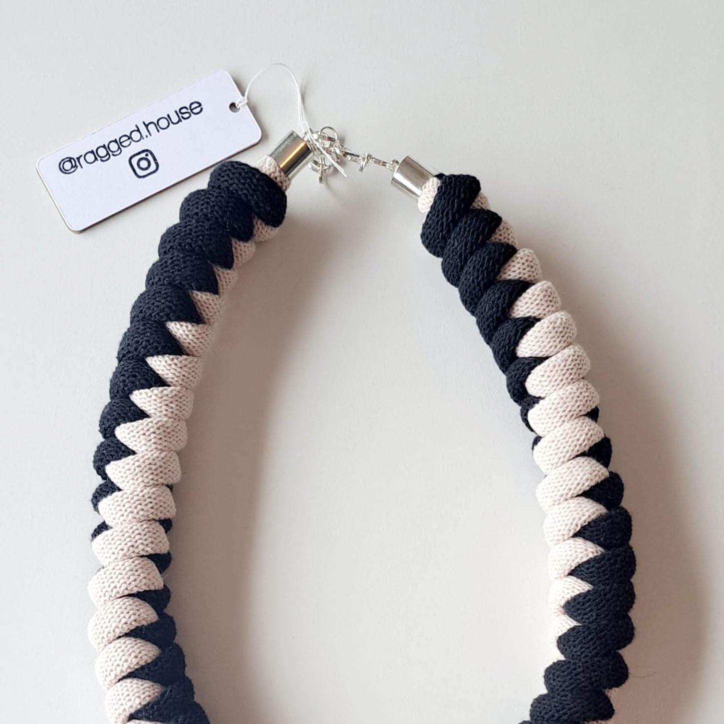 Ragged House recycled cotton two tone twist macrame necklace with Chinese snake knot statement design