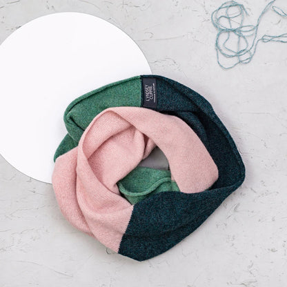 Handmade Scottish intarsia block colour lambswool snood by Lyndsey Currie in contemporary colour combinations