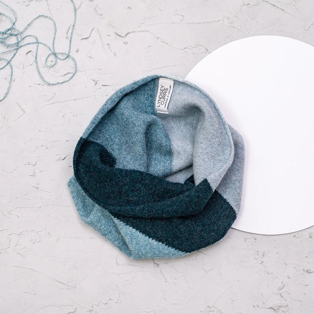 Handmade Scottish intarsia block colour lambswool snood by Lyndsey Currie in contemporary colour combinations