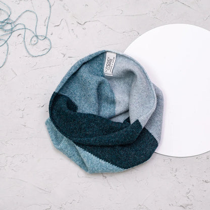 Handmade Scottish intarsia block colour lambswool snood by Lyndsey Currie in contemporary colour combinations
