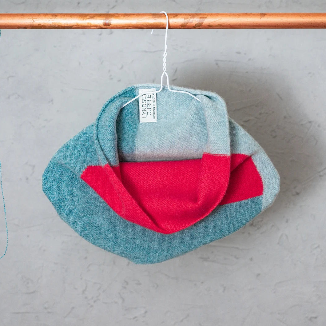 Handmade Scottish intarsia block colour lambswool snood by Lyndsey Currie in contemporary colour combinations