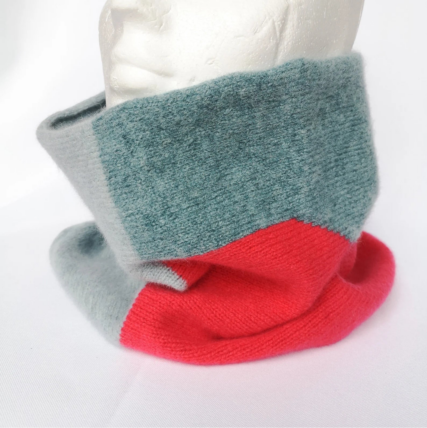 Handmade Scottish intarsia block colour lambswool snood by Lyndsey Currie in contemporary colour combinations