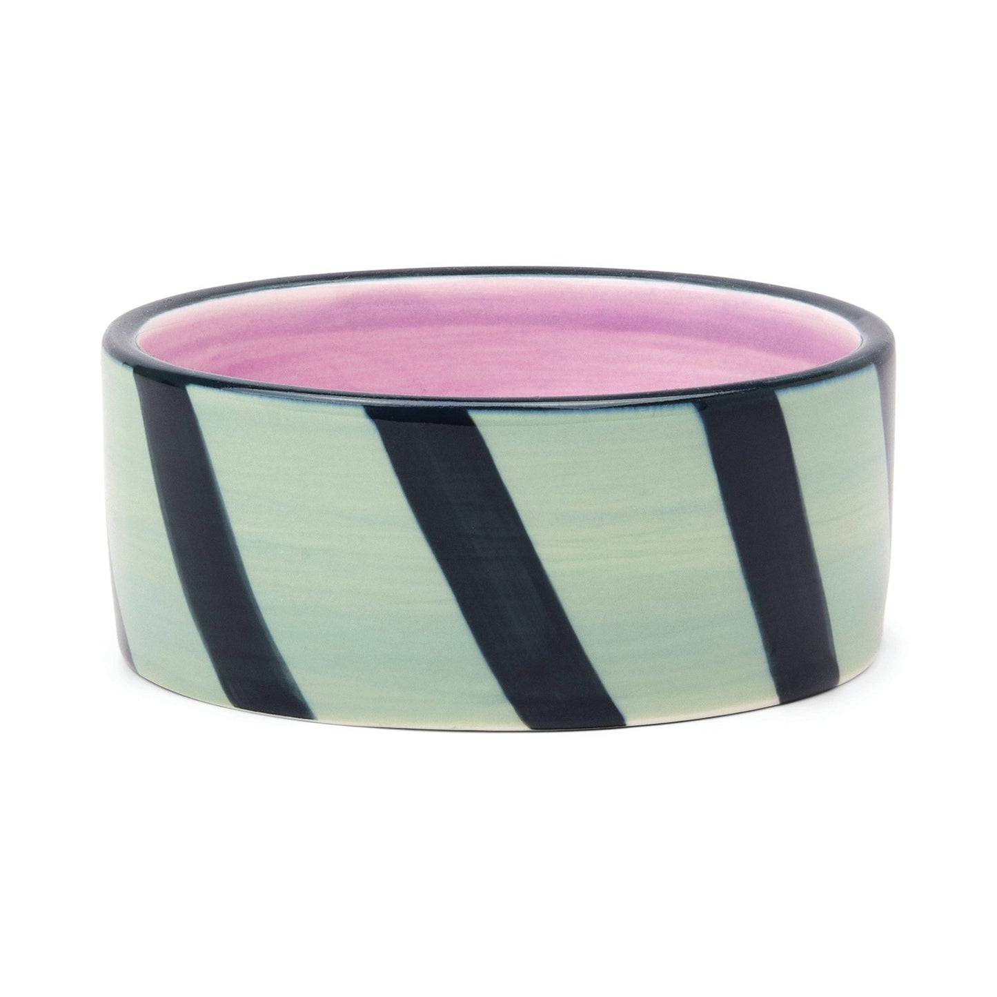 Izzy hand-painted ceramic wine coasters with blue/green stripe design, food-safe and ideal for protecting surfaces or serving small snacks.