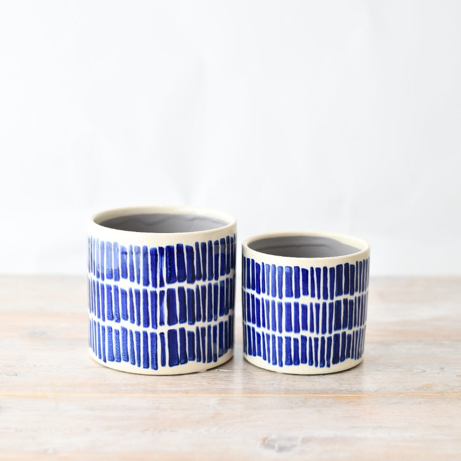 Handmade blue patterned ceramic plant pot with reactive crackle glaze for houseplants and indoor greenery