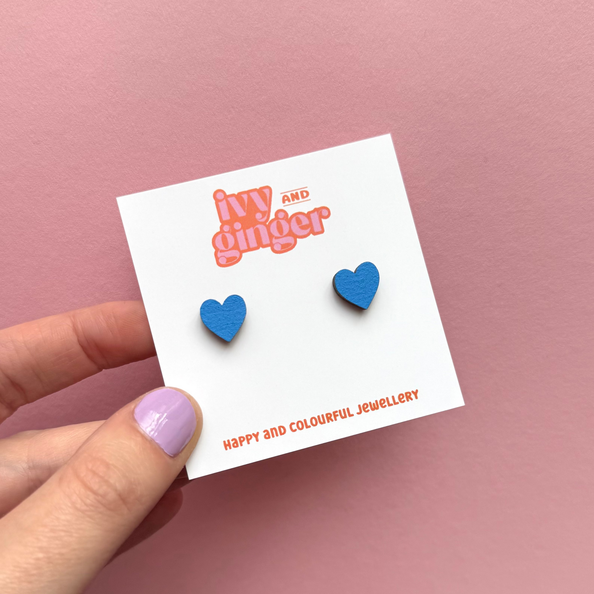 Blue mini heart stud earrings by Ivy and Ginger hand painted FSC wood jewellery