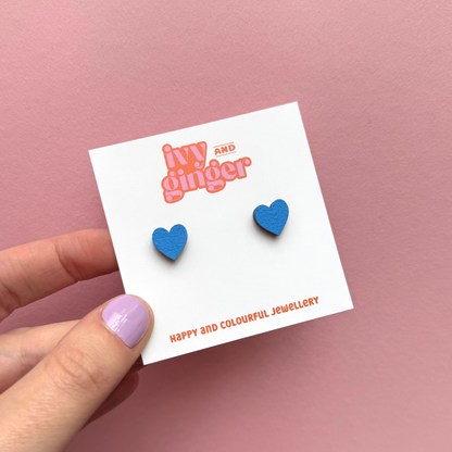 Blue mini heart stud earrings by Ivy and Ginger hand painted FSC wood jewellery