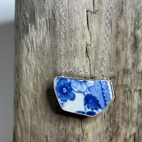 Blue and white sea pottery and Sterling Silver Pendant Necklace
