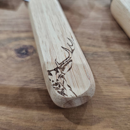 Scottish wooden bottle opener by Ardroy Creations with stainless steel hardware and Stag design