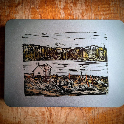 Scottish-themed gift tin with framed puffin print, postcards, magnet, and coaster from Cycling View collection