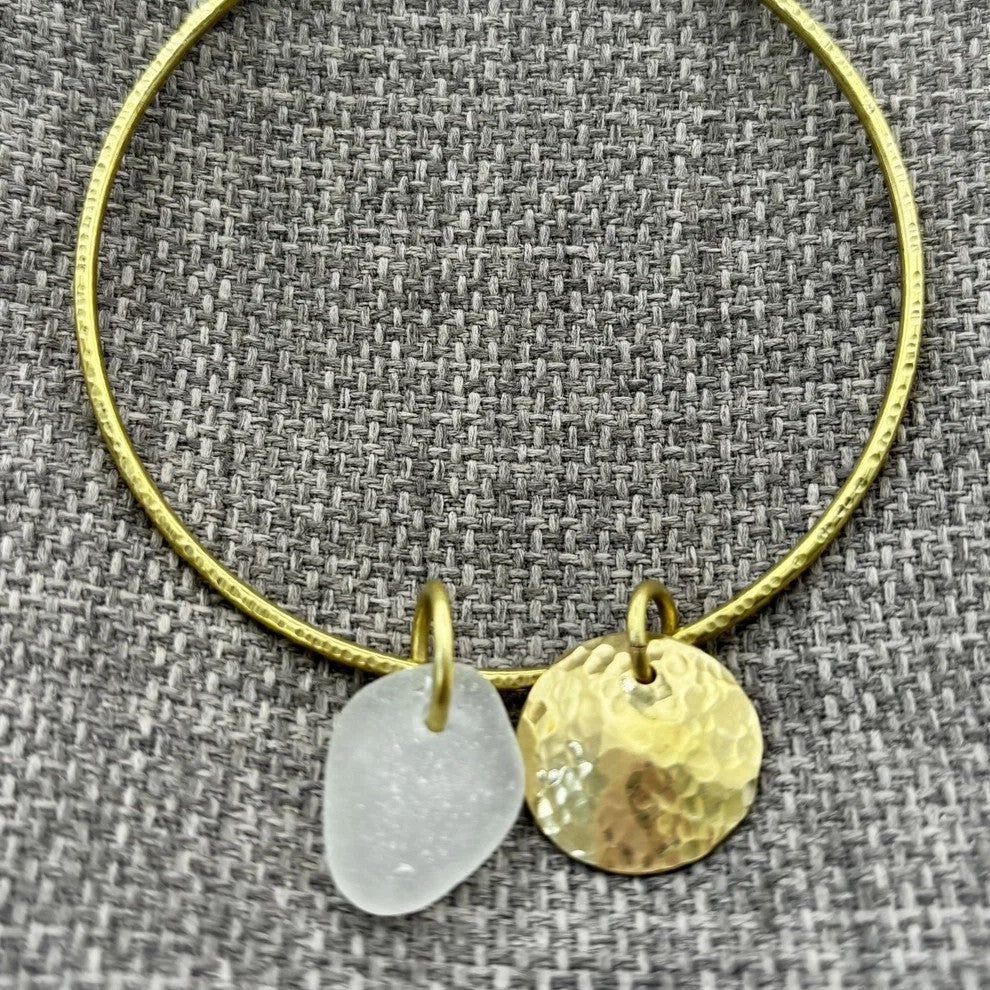 Handmade brass bangle by Rowan Berry Jewellery with genuine sea glass collected from beaches around Carnoustie