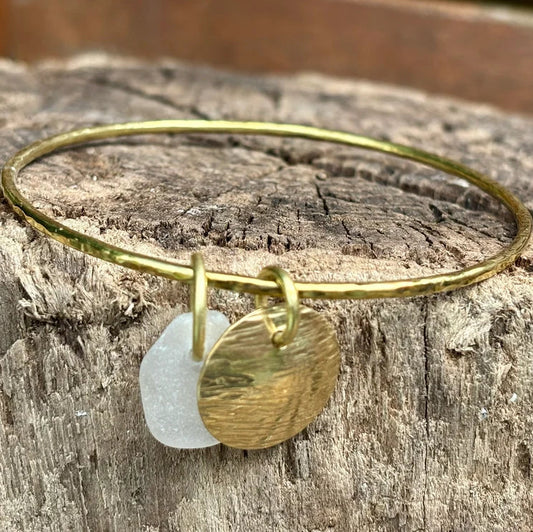 Handmade brass bangle by Rowan Berry Jewellery with genuine sea glass collected from beaches around Carnoustie