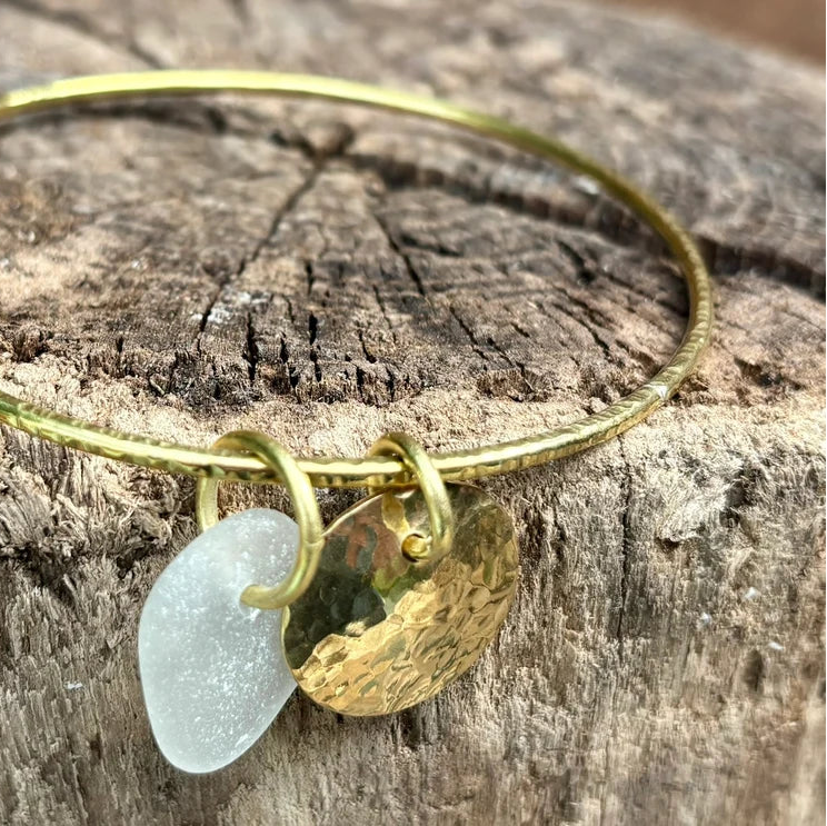 Handmade brass bangle by Rowan Berry Jewellery with genuine sea glass collected from beaches around Carnoustie