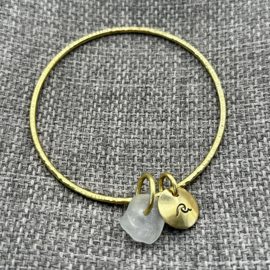 Handmade brass bangle by Rowan Berry Jewellery with genuine sea glass collected from beaches around Carnoustie