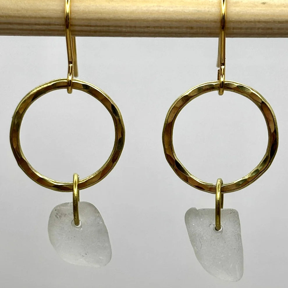 Rowan Berry Jewellery hammered brass hoop drop earrings with genuine sea glass collected from Carnoustie beaches