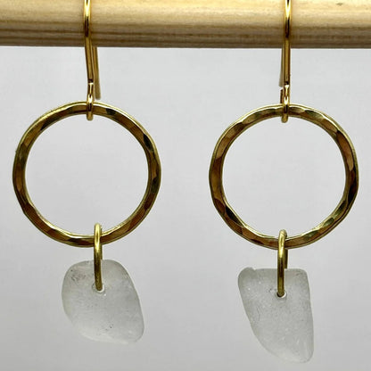 Rowan Berry Jewellery hammered brass hoop drop earrings with genuine sea glass collected from Carnoustie beaches