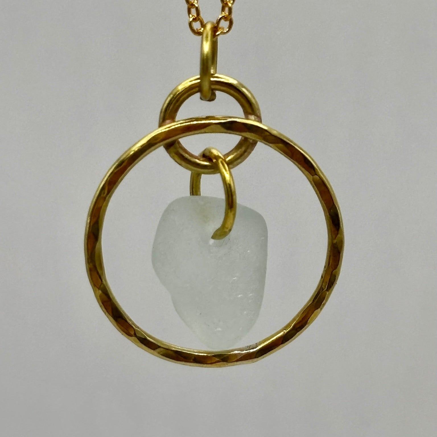 Rowan Berry Jewellery hammered metal hoop necklace with genuine white sea glass collected from Carnoustie beaches