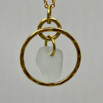 Rowan Berry Jewellery hammered metal hoop necklace with genuine white sea glass collected from Carnoustie beaches