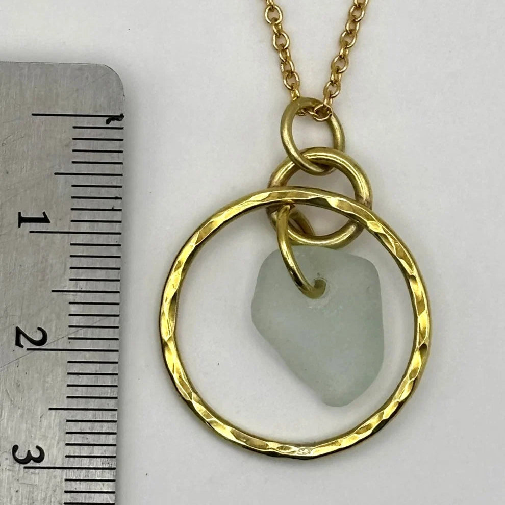 Rowan Berry Jewellery hammered metal hoop necklace with genuine white sea glass collected from Carnoustie beaches