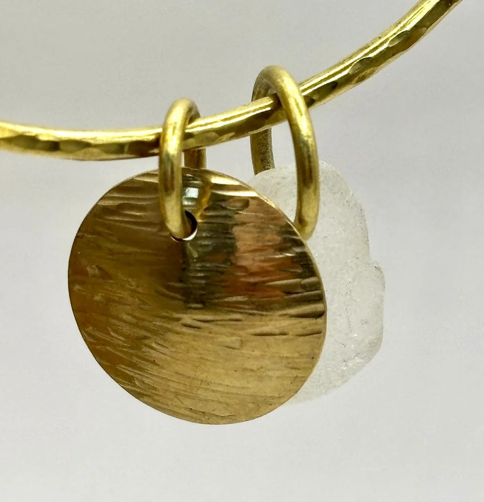 Handmade brass bangle by Rowan Berry Jewellery with genuine sea glass collected from beaches around Carnoustie