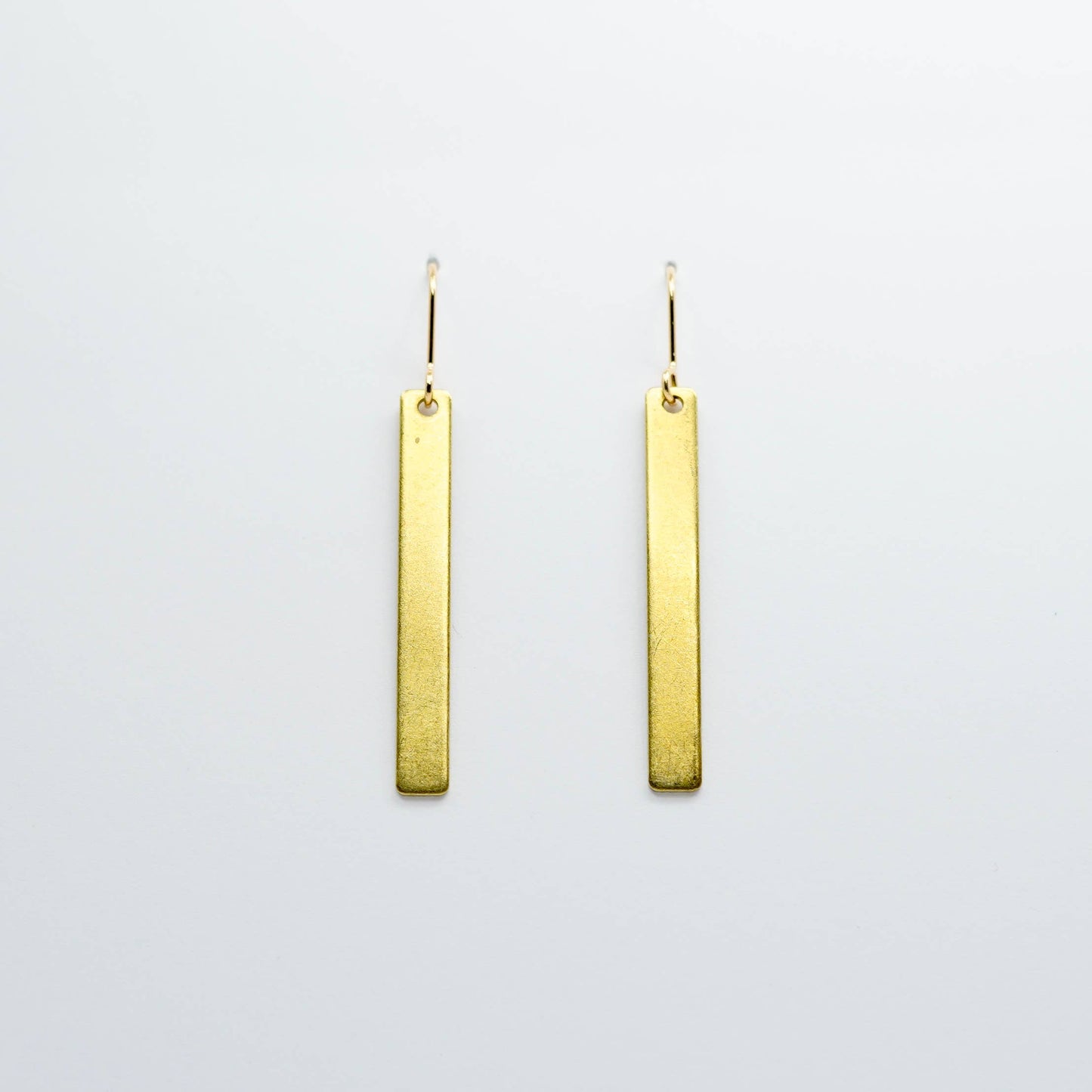 Copper Bee Simplicity Collection slim polished brass rectangle earrings with gold-plated nickel-free hooks