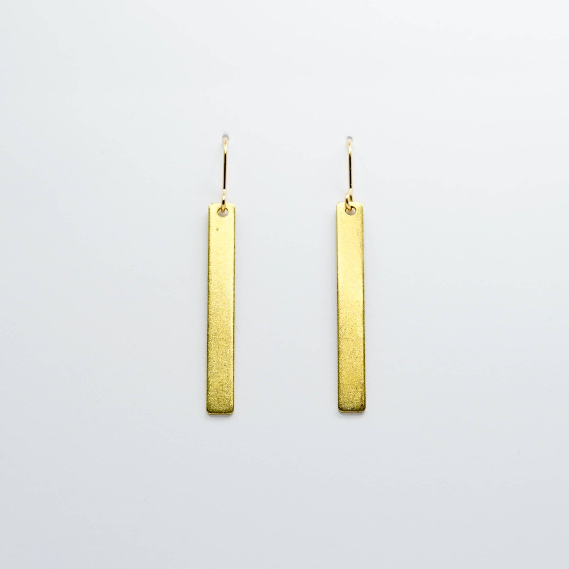 Copper Bee Simplicity Collection slim polished brass rectangle earrings with gold-plated nickel-free hooks