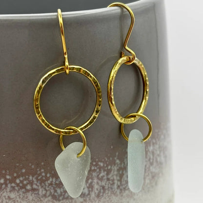 Rowan Berry Jewellery hammered brass hoop drop earrings with genuine sea glass collected from Carnoustie beaches