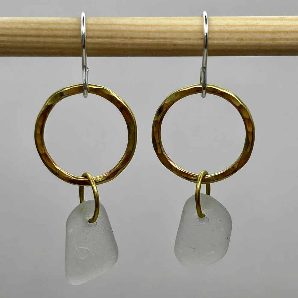 Rowan Berry Jewellery hammered brass hoop drop earrings with genuine sea glass collected from Carnoustie beaches