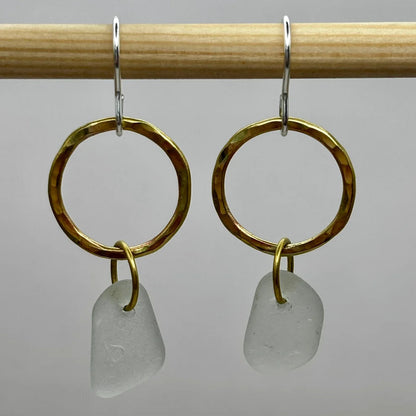 Rowan Berry Jewellery hammered brass hoop drop earrings with genuine sea glass collected from Carnoustie beaches