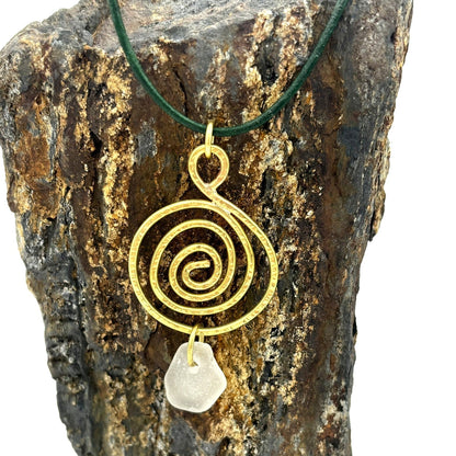 Rowan Berry Jewellery copper or brass whirlpool necklace with genuine sea glass hand-picked from beaches around Carnoustie