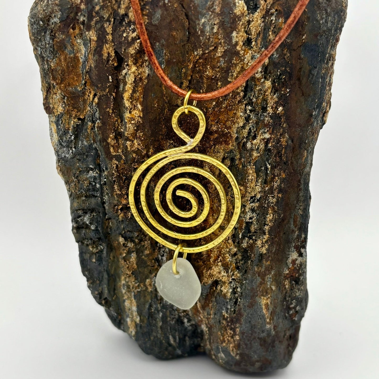 Rowan Berry Jewellery copper or brass whirlpool necklace with genuine sea glass hand-picked from beaches around Carnoustie