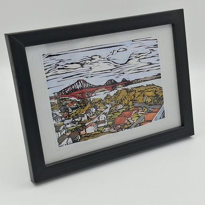 Mini framed lino print artwork of a landscape with the Fourth Rail Bridge 