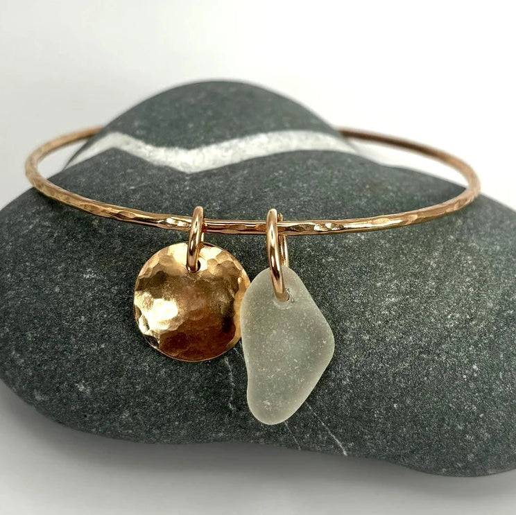 Handmade bronze bangles by Rowan Berry Jewellery with genuine sea glass collected from beaches around Carnoustie