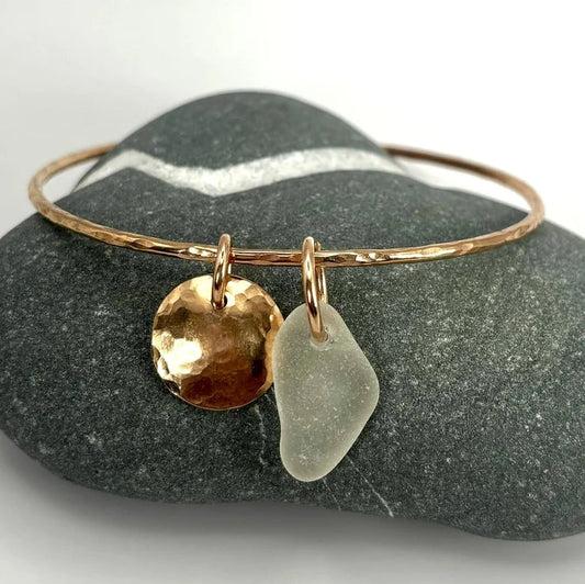 Handmade bronze bangles by Rowan Berry Jewellery with genuine sea glass collected from beaches around Carnoustie