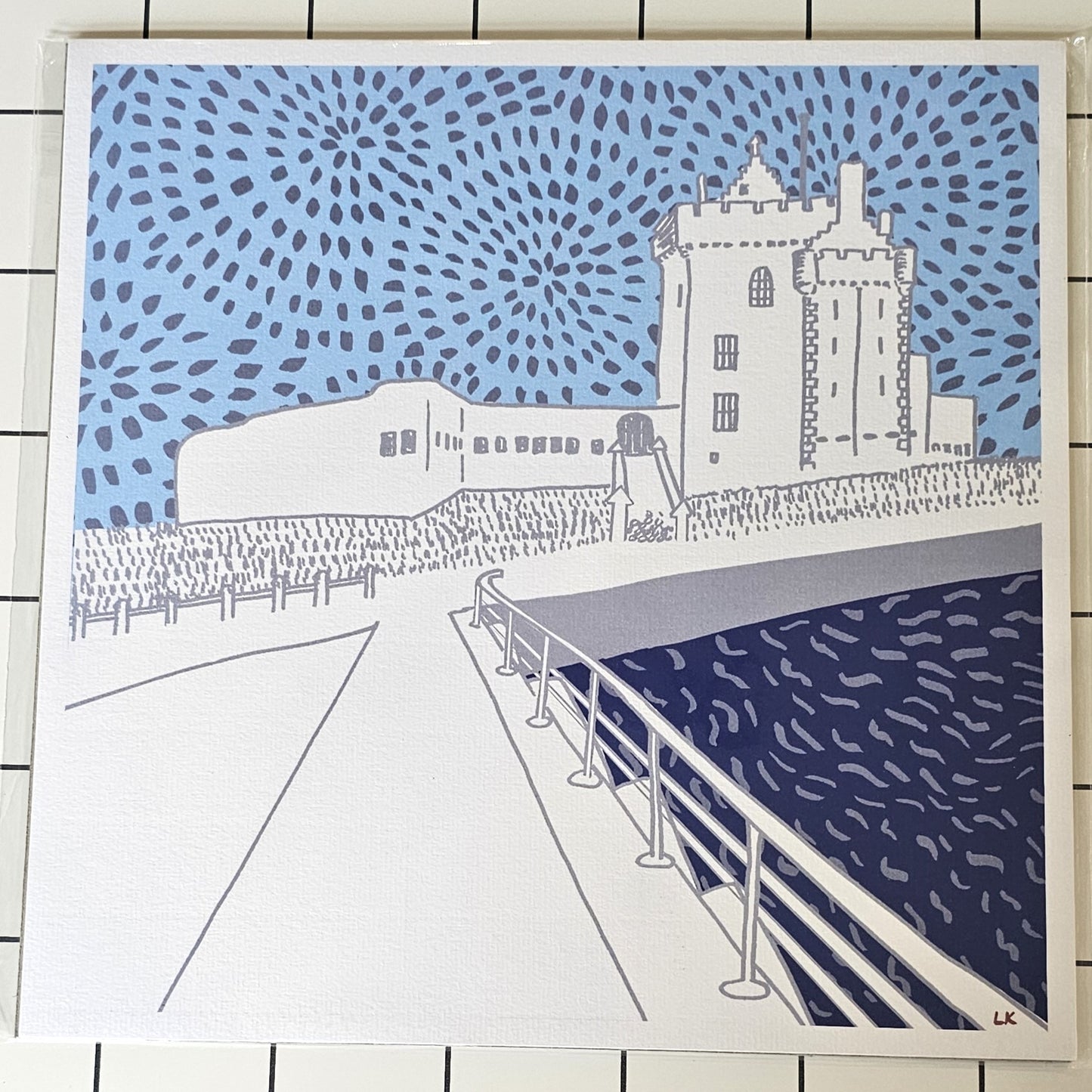 Louise Kirby Broughty Ferry Castle print in blue tones 29.7cm square Dundee Delights collection