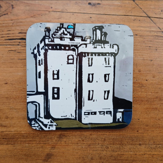 Hardwood coaster with BeeBirds Broughty Ferry Castle lino print artwork