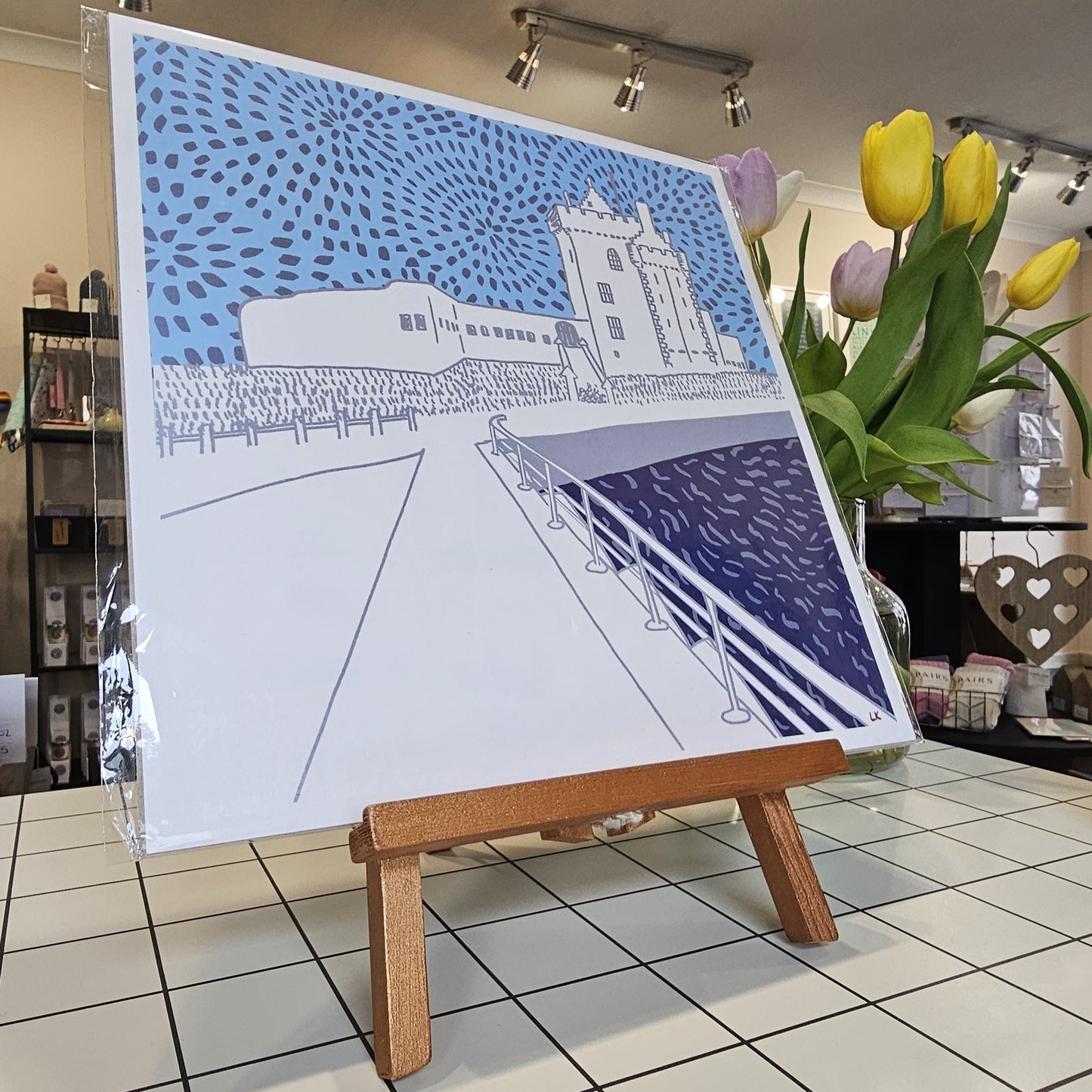 Louise Kirby Broughty Ferry Castle print in blue tones 29.7cm square Dundee Delights collection
