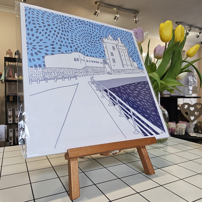 Louise Kirby Broughty Ferry Castle print in blue tones 29.7cm square Dundee Delights collection