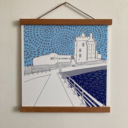Louise Kirby Broughty Ferry Castle print in blue tones 29.7cm square Dundee Delights collection
