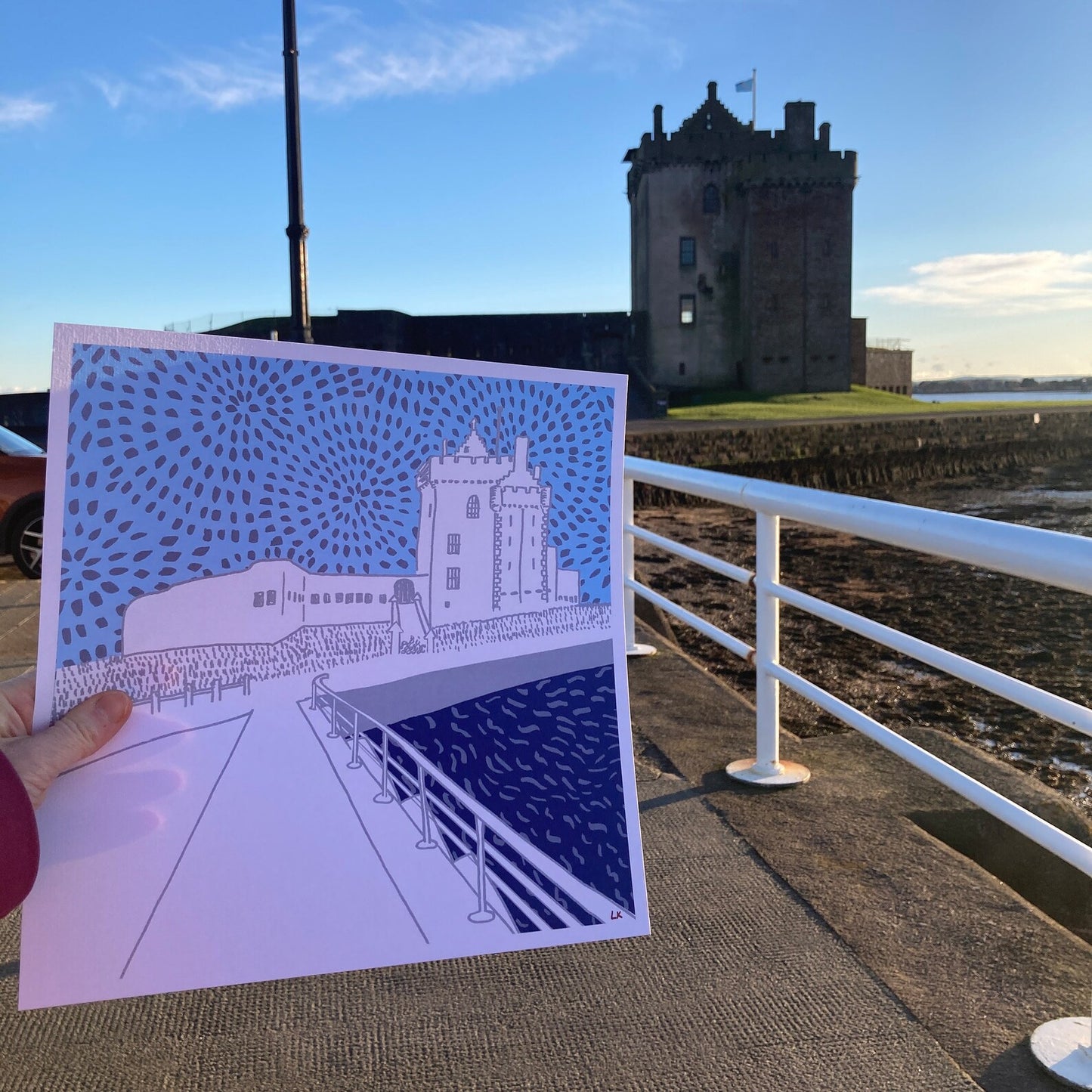 Louise Kirby Broughty Ferry Castle print in blue tones 29.7cm square Dundee Delights collection