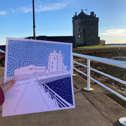 Louise Kirby Broughty Ferry Castle print in blue tones 29.7cm square Dundee Delights collection