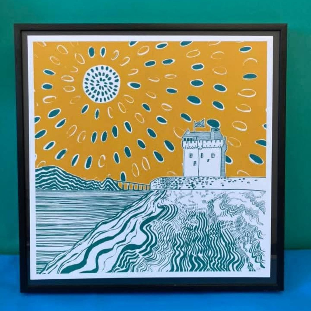 Louise Kirby Broughty Ferry Castle print in yellow and green 29.7cm square Dundee Delights collection