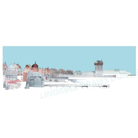 Broughty Ferry panoramic print by Lindabee Draws Dundee featuring The Ship Inn, castle and waterfront in blue tones