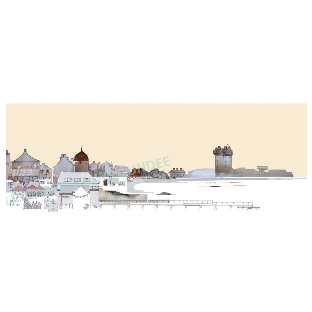 Broughty Ferry panoramic print by Lindabee Draws Dundee featuring The Ship Inn, castle and waterfront in neutral tones
