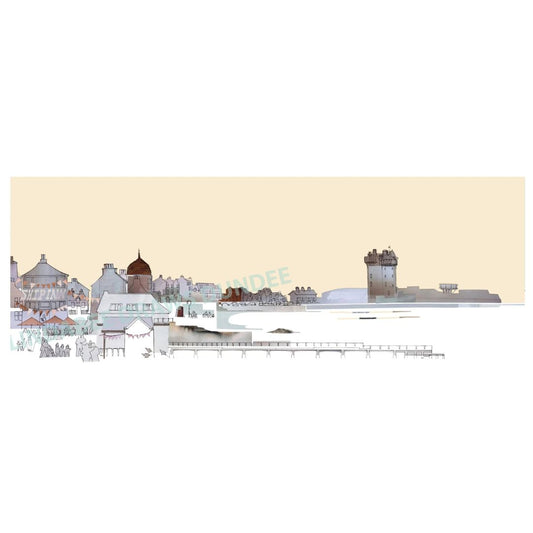 Broughty Ferry panoramic print by Lindabee Draws Dundee featuring The Ship Inn, castle and waterfront in neutral tones
